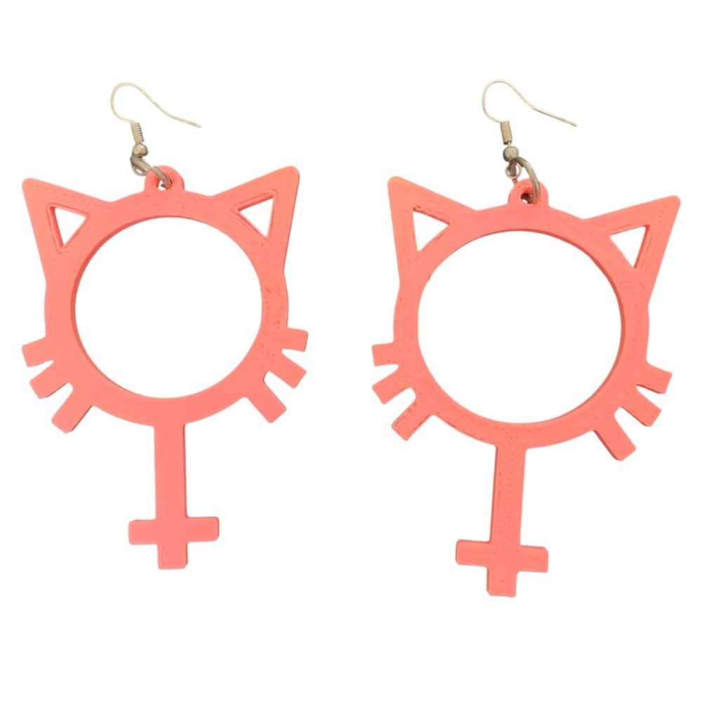 Pink Feminist Venus Symbol Lightweight Large Earrings w/ Cat Ears & Whiskers